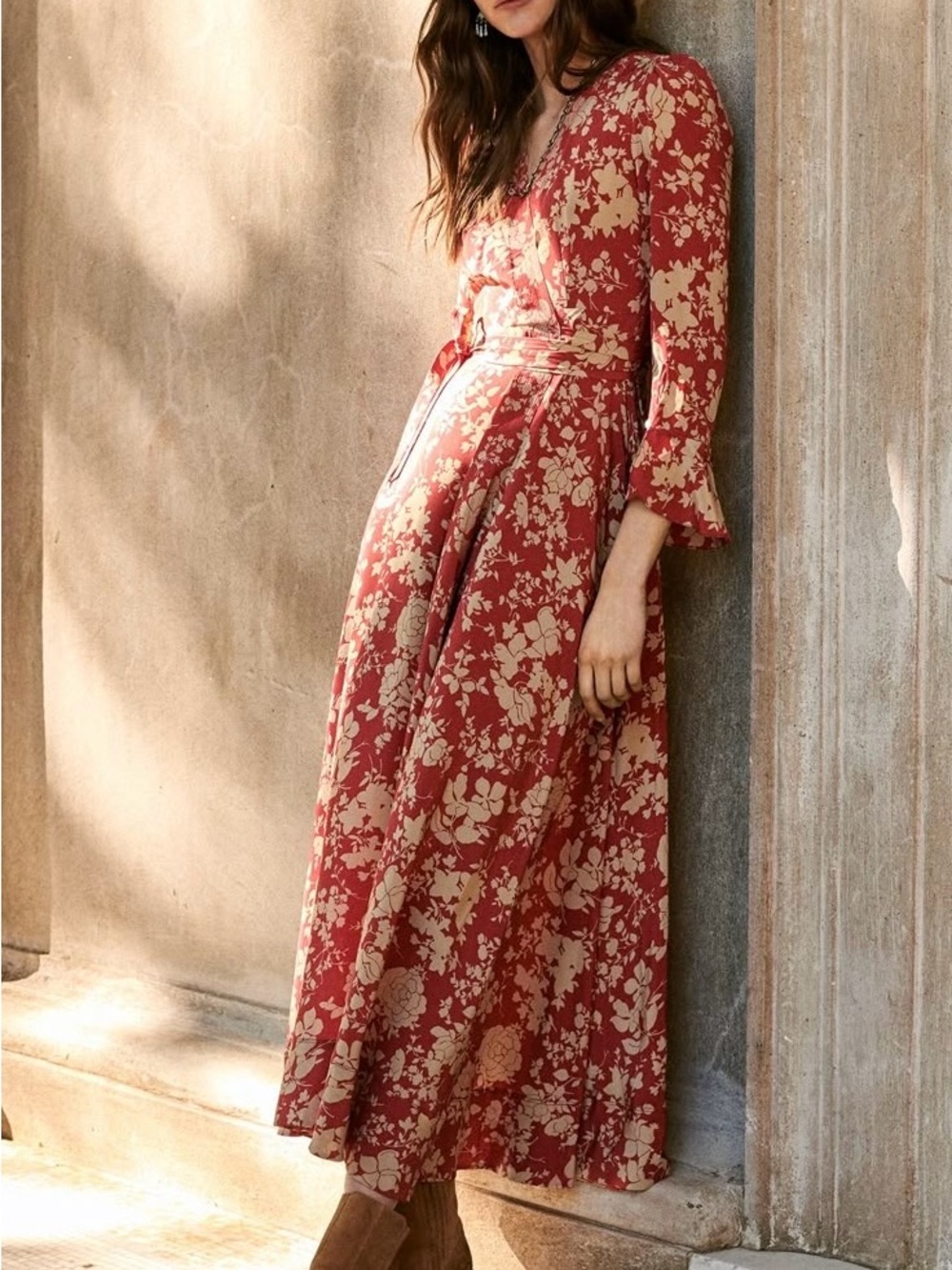 POLO RALPH LAUREN Red and Beige Floral Wrap Dress Size 8